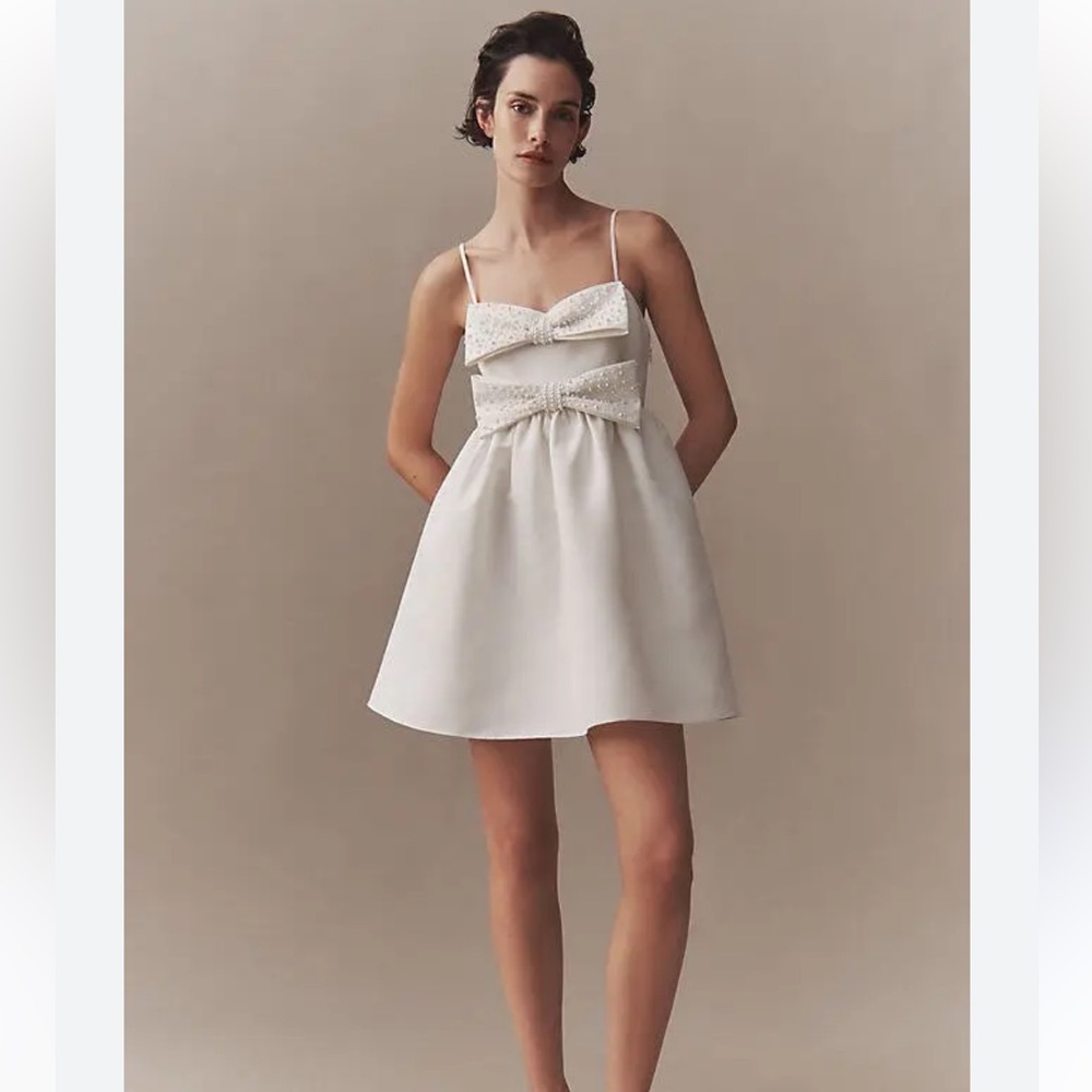 Sachin + Babi White Mini Wedding Dress with Embellished Bow
